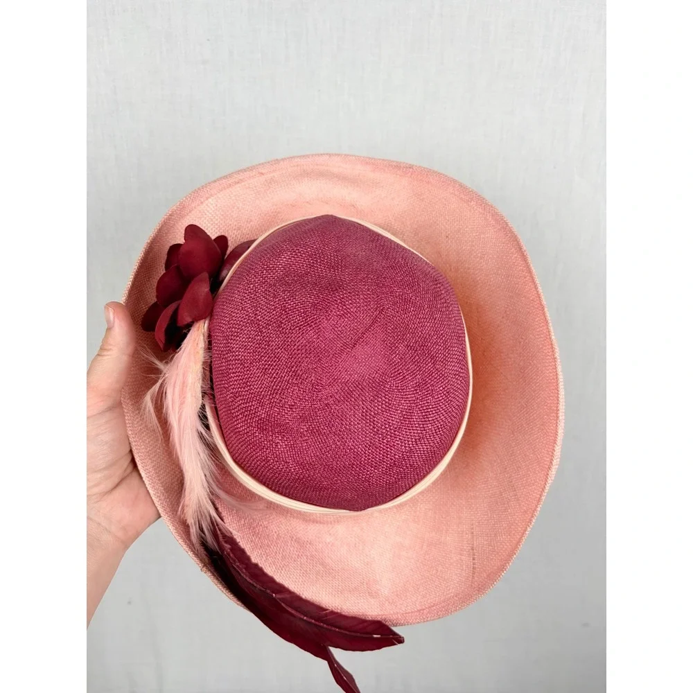 Vintage Mr Charles Pink Straw Sun Hat Feather Flower Wide Brim Church Wedding